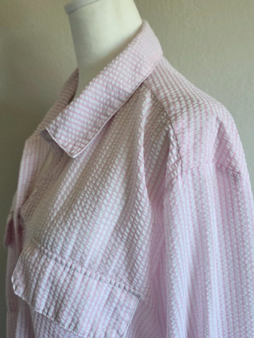 Casa Cabana Shirt Women XXL Pink White Stripe Seersucker Roll Tab Sleeve Coastal - Picture 5 of 8